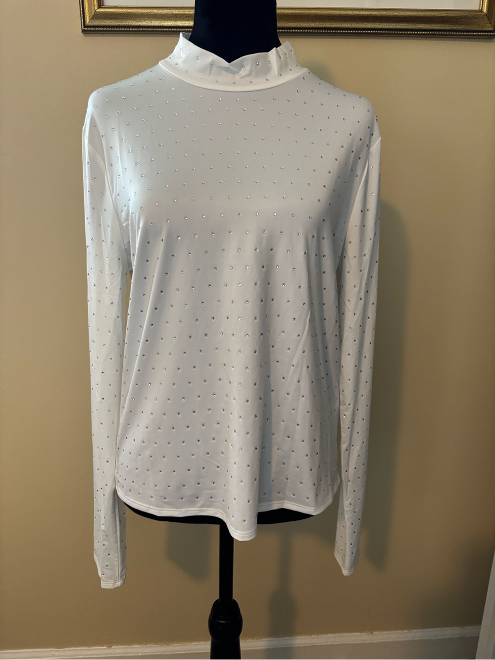 Hem&Thread White Long-Sleeve Mock Neck Top with Crystal Stud Details
